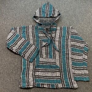 Artesanias Baja Hoodie Sz M Mens Teal Striped Skater Grunge Drug Rug Pullover